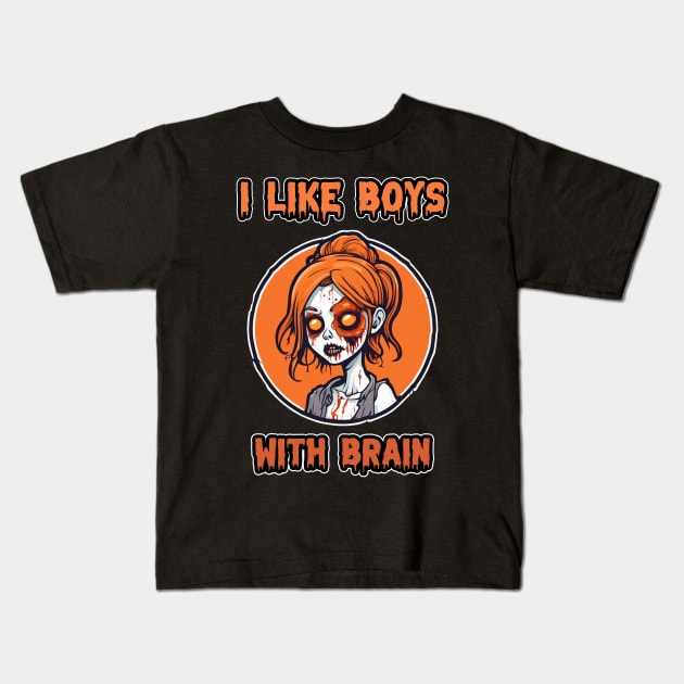 Zombie Girl Orange Pumpkin Color "I Like Boys With Brain" Cute Retro Kids T-Shirt by ShyPixels Arts